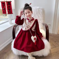 批发女童冬季新款裙子中国风加绒加厚儿童新年拜年服连衣裙宝宝过年穿