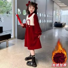 批发女童加绒拜年服裙子2025秋<b class='q'>冬</b>季新款加厚新年中大童国风喜庆连衣裙