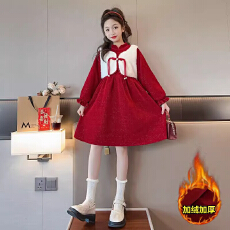 批发女童新年装加绒连衣裙秋<b class='q'>冬</b>季新款中大童女孩拜年服红色洋气公主裙