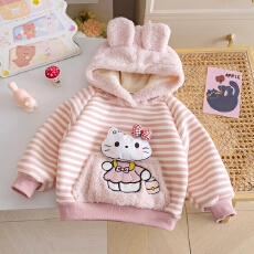 批发女童可爱加绒加厚连帽衣2025秋冬季卡通小猫上衣女宝洋气条纹卫衣