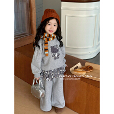 童装2025秋冬款女童小童韩版卡通猫加绒卫衣亮片裙摆卫裤套装儿童