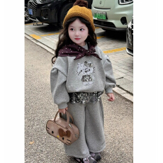 童装2025秋冬新款女童小童韩版时尚加绒卫衣亮片裙摆卫裤套装儿童