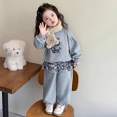 冬季女童套装2025新款加绒灰色卫衣套装休闲卡通猫可爱儿童两件套