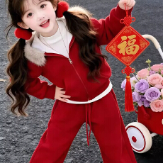 批发中大女童冬季加厚套装2026新款<b class='q'>儿童</b>红色拜年洋气时尚过年服两件套