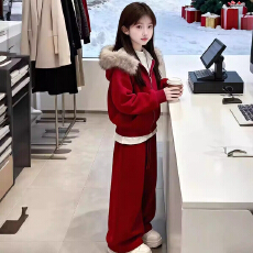 批发女童红色冬季拜年服套装新款中大童喜庆潮酷休闲风甜酷女孩两件套