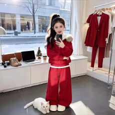 批发女童秋冬季款套装2026新款<b class='q'>儿童</b>洋气红色加厚连帽卫衣年服两件套潮