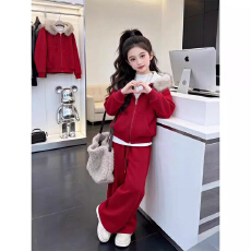 批发女童红色加厚套装秋冬季2026新款<b class='q'>儿童</b>毛领开衫外套过年两件套套装