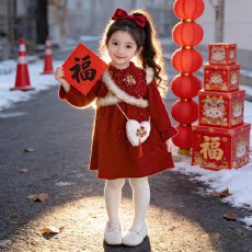 批发不带包包女宝冬季新中式加绒连衣裙2026新款儿童洋气红拜年服