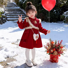 批发不带包包女童喜庆连衣裙2026款女宝宝国风加绒红色拜年公主裙