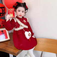 批发不带包包儿童冬季中国风新年装裙子女童加绒加厚拜年服连衣裙
