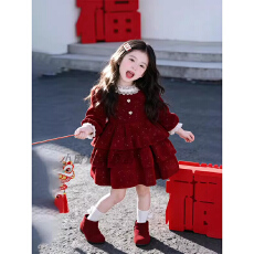 批发女宝新年战袍红闪闪连衣裙2026秋冬款儿童超萌公主蛋糕裙生日礼服