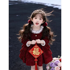 批发女童红色闪闪加绒蛋糕连衣裙秋冬季2026新款儿童过年蓬蓬公主裙子