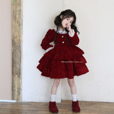 批发女童红色闪闪丝绒加绒连衣裙蛋糕裙2026冬季女孩公主裙新年蓬蓬裙