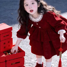 批发女童红色闪闪丝绒加绒连衣裙蛋糕裙2026冬季女孩公主裙新年蓬蓬裙