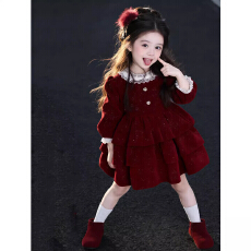 批发甜美红色元旦蛋糕裙小女孩层次感韩版女童2026冬季新年款公主裙子