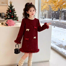 批发女童红色加绒蝴蝶结礼服连衣裙秋冬季2026新款儿童拜年服公主裙子