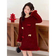 批发女童加绒红色连衣裙2026年新年穿搭儿童秋冬季拜年裙子女孩拜年服