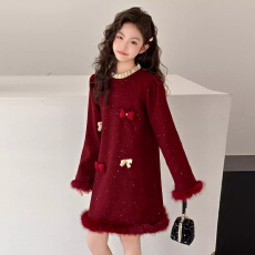 批发女童冬装高级感连衣裙儿童红色拜年礼服加绒裙子大童好看公主裙厚