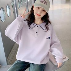批发女童翻领卫衣拼色儿童秋冬时髦Polo领上衣中大童休闲假两件打底衫