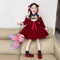 女童拜年服裙子2026秋冬季新款加绒儿童中国风新年唐装宝宝公主裙
