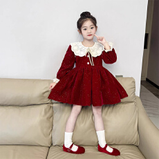 女童红色闪闪丝绒加绒连衣裙花边领公主裙2026冬季新款女孩新年裙
