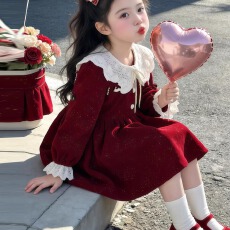 女童加绒连衣裙秋冬装2026新款儿童喜***色时尚拜年服宝宝公主裙