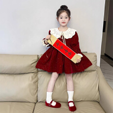 女童红色闪闪丝绒花边领连衣裙2026冬季新款女孩加绒公主裙拜年服