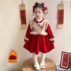 女童拜年服裙子2026秋冬季新款加绒儿童新中式国风宝宝新年连衣裙