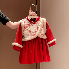 批发拜年服女童加绒连衣裙儿童红色喜庆汉服公主裙女宝宝中式过年衣服