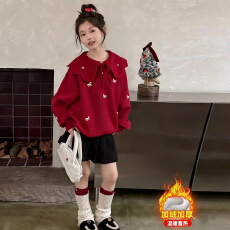 批发2026新款加绒卫衣本命年红色马年打底时尚拜年长袖保暖T恤娃娃领