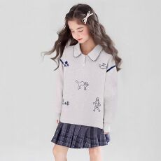 批发曼巴棉女童polo领刺绣卡通卫衣2026新款春秋初中生运动长袖花边领