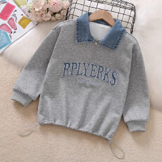 批发女童卫衣秋冬款洋气儿童字母牛仔拼接半拉链时尚打底中大童上衣女