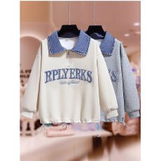 批发女童卫衣春秋款2026新款大童洋气拼接牛仔领polo衫假两件秋装衣服