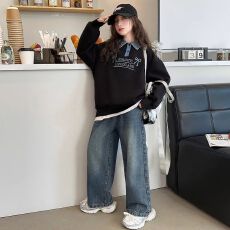 批发女童卫衣秋装2026新款洋气时髦儿童中大童蝴蝶结刺绣撞色翻领上衣