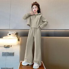 批发女大童休闲运动套装2026春秋季新款洋气小女孩短款抽绳阔腿两件套