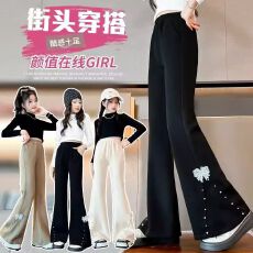 批发女童裤子2026秋季新款洋气中大童休闲微喇叭长裤时髦中国风喇叭裤
