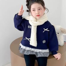 批发女童加绒拼接格子卫衣2026秋冬季新款蝴蝶结儿童保暖打底花边上衣