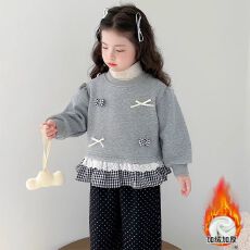 批发韩版童装秋冬装女童格子拼接卫衣加绒儿童蝴蝶结上衣女宝宝套头衫