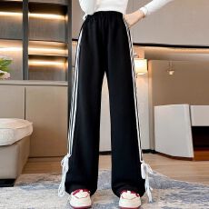 批发2026女童美式运动裤蝴蝶结条纹休闲运动高腰长裤新款宽松直筒裤子