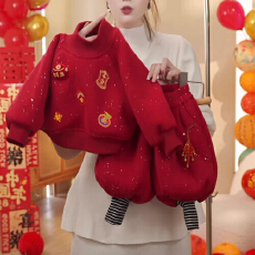 批发拜年服<b class='q'>男</b>童<b class='q'>套</b>装<b class='q'>喜庆</b>新款帅气时髦冬装儿童宝宝国风加绒红色卫衣潮