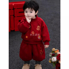 批发<b class='q'>男</b>童<b class='q'>秋</b>冬<b class='q'>加绒加厚</b>卫衣套装2026新款中小童酷炸帅气过年红色两件套