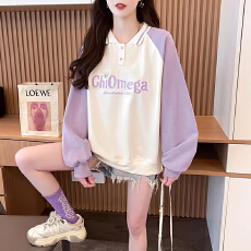 批发翻领polo衫卫衣女秋冬2026<b class='q'>新款</b>韩版宽松小个子插肩袖撞色上衣外套