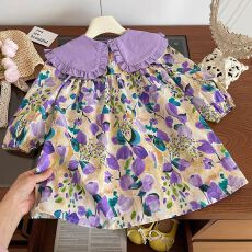 批发女童洋气甜美紫色碎花长袖连衣裙2026春季新款女宝宝田园风翻领裙