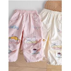 锦棉皱韩国春季女童防蚊裤2026新卡通洋气宝宝涂鸦束脚工装裤