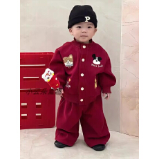 批发婴儿童红色喜庆拜年服套装2026秋冬新款<b class='q'>男</b>宝洋气卡通加厚外套裤子
