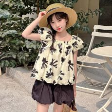批发女童夏装套装2026新款<b class='q'>韩版</b>洋气儿童花苞短裤中大童夏季时髦两件套