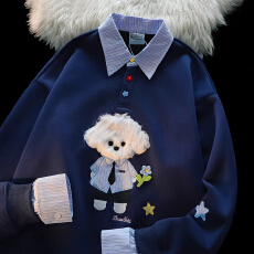 批发日系可爱小狗假两件卫衣女薄款2026新款超火宽松韩系慵懒chic上衣