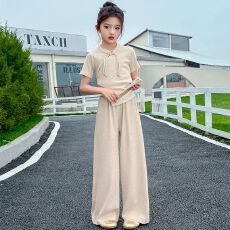 批发女大童气质中式套装2026年夏季新款不规则开叉短袖阔腿裤两件套