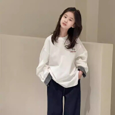 批发女童2026年<b class='q'>春</b>秋季新款T恤韩版打底衫小女孩拼接宽松白色长袖上衣