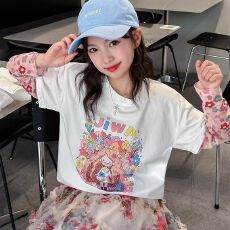 批发女童长袖t恤夏装儿童假两件短袖大童上衣小女孩夏季防晒衣服冰袖